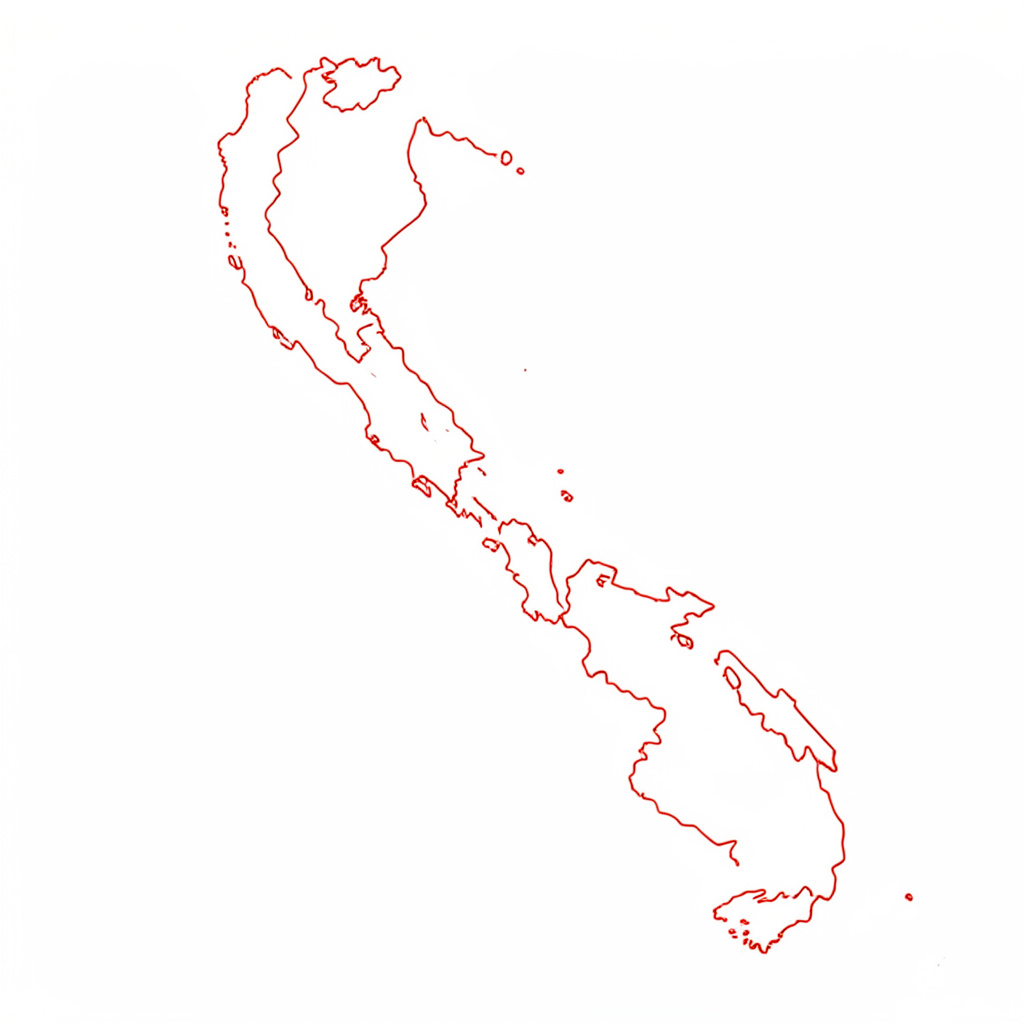 Minimal line drawing of Malaysia outline in red on white