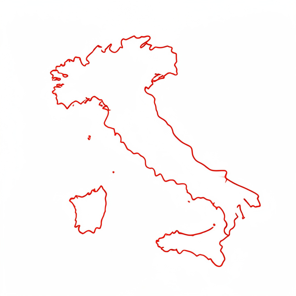 Minimal line drawing of Italy outline in red on white