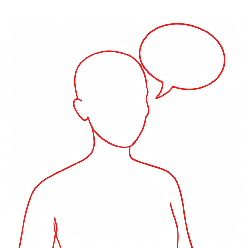Minimal line drawing of a person silhouette with a speech bubble on neutral background
