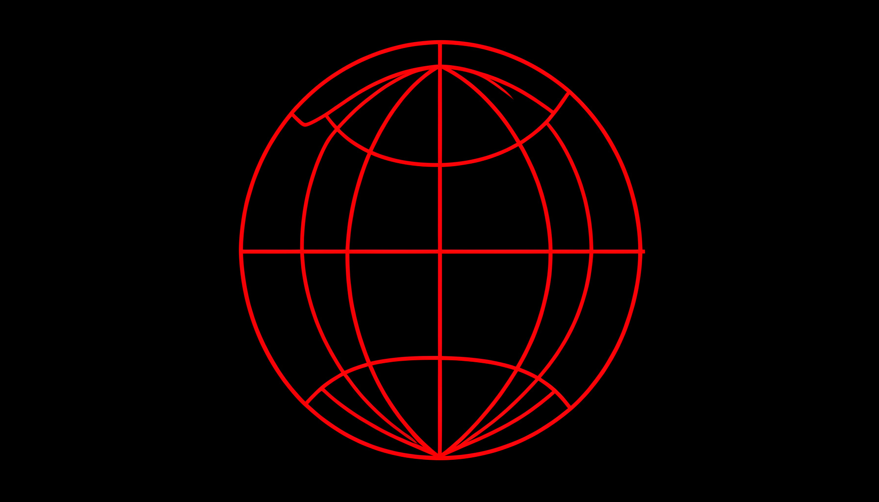 Minimal line drawing of globe with latitude and longitude lines on black background